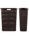 Tradineur - Cesto rattan estrecho para ropa sucia con tapa y asas, pongotodo de plástico, cubo para colada, imitación de mimbre,