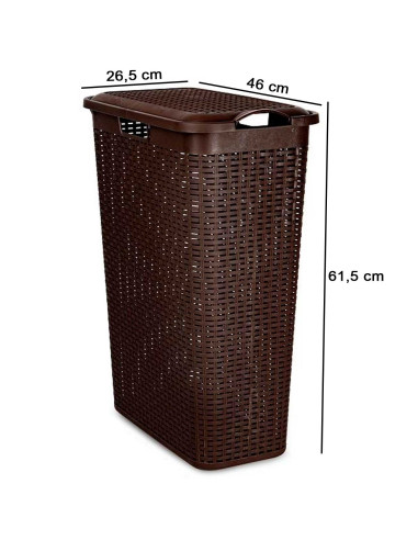 Tradineur - Cesto rattan estrecho para ropa sucia con tapa y asas, pongotodo de plástico, cubo para colada, imitación de mimbre,