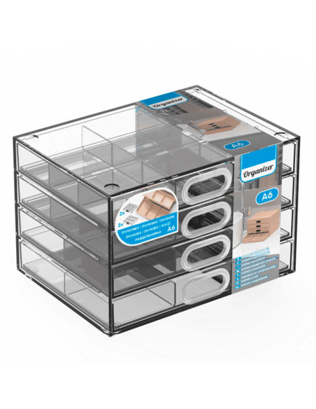 Tradineur - Mini cajonera A6 transparente, 4 cajones con divisiones, plástico, organizador de cosméticos, maquillaje, accesorios