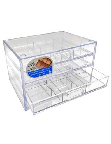 Tradineur - Mini cajonera A6 transparente, 4 cajones con divisiones, plástico, organizador de cosméticos, maquillaje, accesorios
