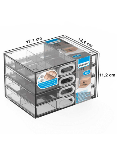 Tradineur - Mini cajonera A6 transparente, 4 cajones con divisiones, plástico, organizador de cosméticos, maquillaje, accesorios
