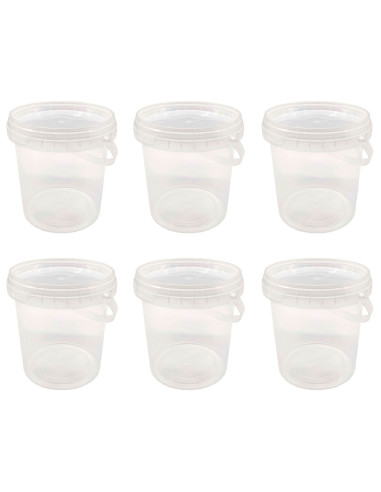 Tradineur - Pack de 6 cubos transparentes de plástico con tapa y asa, aptos para uso alimentario, herméticos y estables, fabrica