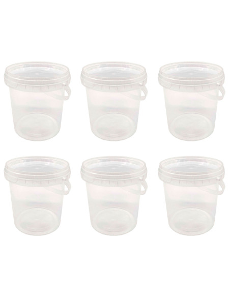 Tradineur - Pack de 6 cubos transparentes de plástico con tapa y asa, aptos para uso alimentario, herméticos y estables, fabrica
