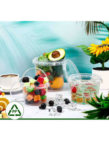 Tradineur - Pack de 6 cubos transparentes de plástico con tapa y asa, aptos para uso alimentario, herméticos y estables, fabrica