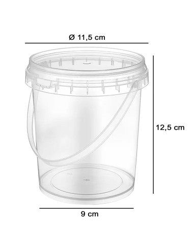 Tradineur - Pack de 6 cubos transparentes de plástico con tapa y asa, aptos para uso alimentario, herméticos y estables, fabrica