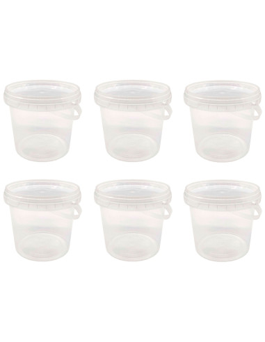 Tradineur - Pack de 6 cubos transparentes de plástico con tapa y asa, aptos para uso alimentario, herméticos y estables, fabrica