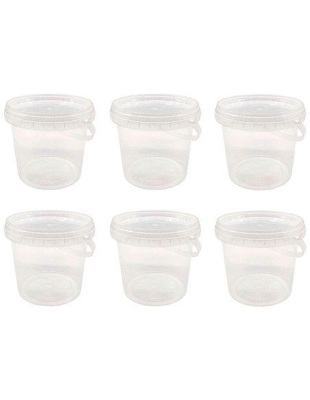 Tradineur - Pack de 6 cubos transparentes de plástico con tapa y asa, aptos para uso alimentario, herméticos y estables, fabrica