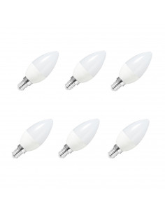 Pack de 6 bombilla led vela E14 5w luz blanca fría 6400k, 450 lm, economizadora de energía 85% A + 100 x 40 mm