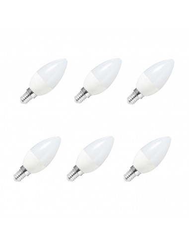 Pack de 6 bombilla led vela E14 5w luz blanca fría 6400k, 450 lm, economizadora de energía 85% A + 100 x 40 mm