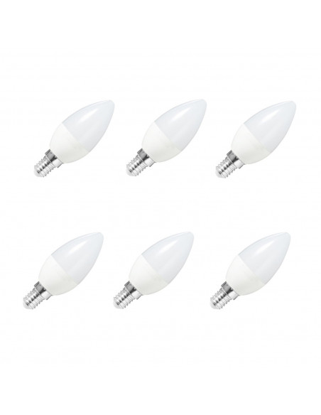 Pack de 6 bombilla led vela E14 5w luz blanca fría 6400k, 450 lm, economizadora de energía 85% A + 100 x 40 mm