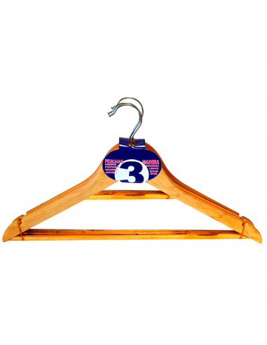 Pamex - Pack 3 perchas de madera natural 22,5 x 44 cm. Juego de perchas para ropa, pantalones, abrigos, trajes, camisas, ahorro