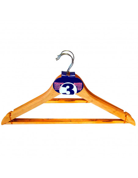 Pamex - Pack 3 perchas de madera natural 22,5 x 44 cm. Juego de perchas para ropa, pantalones, abrigos, trajes, camisas, ahorro