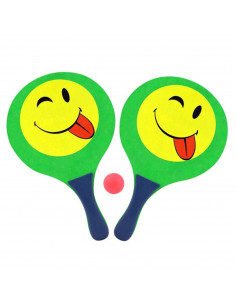 Tradineur - Juego de palas de playa y pelota con cara sonriente, madera, colores surtidos, 38 x 23,5 cm