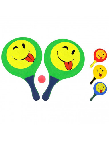 Tradineur - Juego de palas de playa y pelota con cara sonriente, madera, colores surtidos, 38 x 23,5 cm