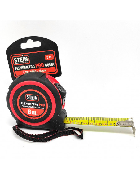 Stein - Cinta métrica, flexómetro profesional 8 m x 25 mm, antideslizante, punta imantada, freno de seguridad, clip de sujección