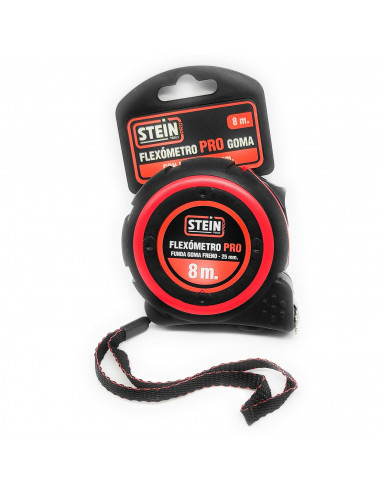 Stein - Cinta métrica, flexómetro profesional 8 m x 25 mm, antideslizante, punta imantada, freno de seguridad, clip de sujección