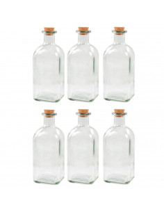 Tradineur - Pack de 6 botellas de vidrio, frascas con tapón de corcho, reutilizables, rellenables, licores, aceite, agua, vino,