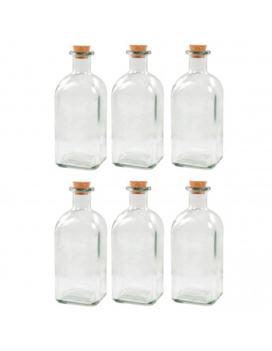 Tradineur - Pack de 6 botellas de vidrio, frascas con tapón de corcho, reutilizables, rellenables, licores, aceite, agua, vino,