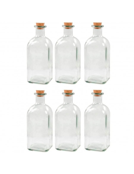 Tradineur - Pack de 6 botellas de vidrio, frascas con tapón de corcho, reutilizables, rellenables, licores, aceite, agua, vino,