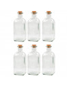 Tradineur - Pack de 6 botellas de vidrio, frascas con tapón de corcho, reutilizables, rellenables, licores, aceite, agua, vino,