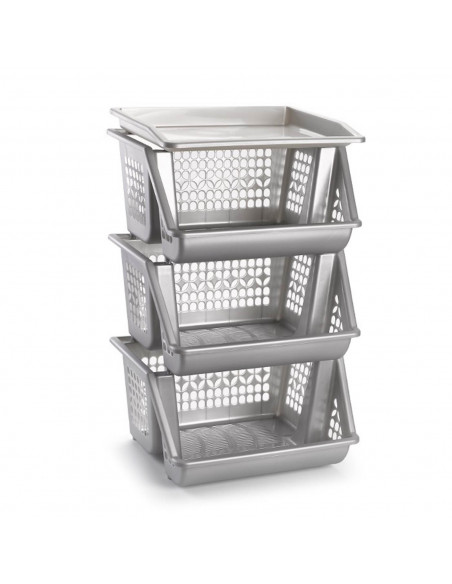 Tradineur - Verdulero apilable modelo PLFT color plata/gris 3 cestas, 57 x 36 x 29 cm. Cestas portaobjetos apliables, estantes m