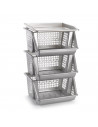 Tradineur - Verdulero apilable modelo PLFT color plata/gris 3 cestas, 57 x 36 x 29 cm. Cestas portaobjetos apliables, estantes m