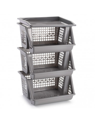 Tradineur - Verdulero apilable modelo PLFT color plata/gris 3 cestas, 57 x 36 x 29 cm. Cestas portaobjetos apliables, estantes m