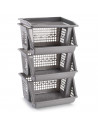 Tradineur - Verdulero apilable modelo PLFT color plata/gris 3 cestas, 57 x 36 x 29 cm. Cestas portaobjetos apliables, estantes m