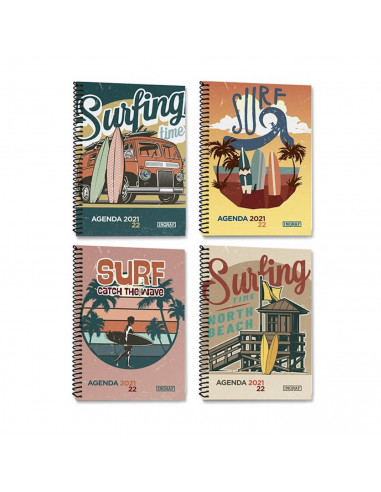 Agenda escolar surfing time 2021/2022 de tapa dura, diseño playa surtido, 8º, 15 x 13 x 2 cm