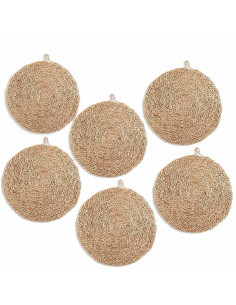 Pack de 6 salvamanteles redondos de mimbre con asa, salvamanteles, diámetro 40 cm