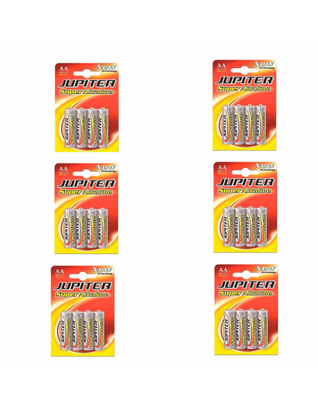 6 Packs de 4 pilas super alcalinas AA LR6 Júpiter 1,5 V, energía fiable, larga duración, rendimiento elevado para juguetes y dem