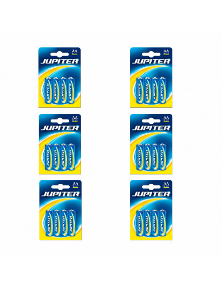 Juego de 6 packs de 4 pilas AA, r6, 1,5 v "júpiter" ideal para el hogar. Set de 24 pilas no recargables, para una gran diversida
