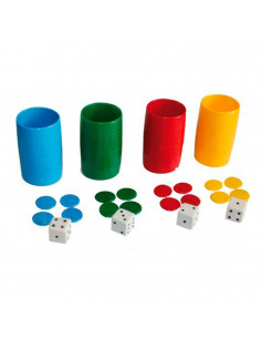 Set 4 cubiletes de parchís con fichas, dados y estuche de plástico, accesorios juegos de mesa, tradicional, desarrollo de habili