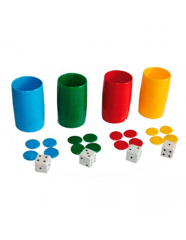 Set 4 cubiletes de parchís con fichas, dados y estuche de plástico, accesorios juegos de mesa, tradicional, desarrollo de habili