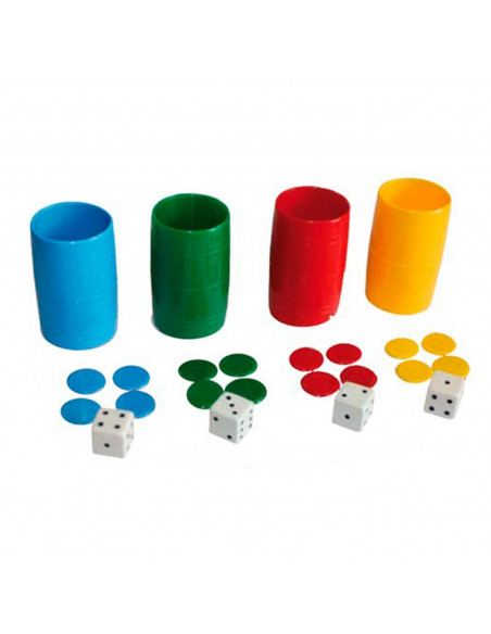 Set 4 cubiletes de parchís con fichas, dados y estuche de plástico, accesorios juegos de mesa, tradicional, desarrollo de habili