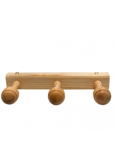 Tradineur - Perchero madera 3 pomos con ganchos para pared o puerta 5.2 x 32.6 x 10.3 cm. Soporte para abrigos y sombreros, esti
