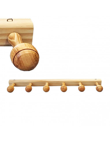 Tradineur - Perchero madera 6 pomos con ganchos para pared o puerta 5.2 x 70 x 10.3 cm. Soporte para abrigos y sombreros, estilo