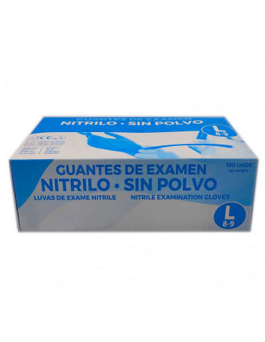 Guantes de nitrilo sin polvo talla L 8-9, Guantes desechables de examen, color azul, 100 unidades