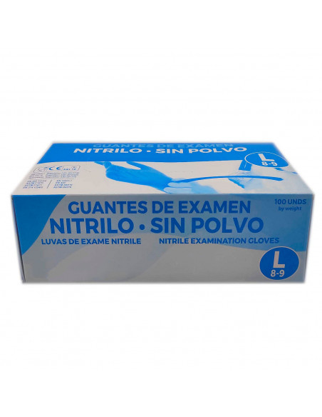 Guantes de nitrilo sin polvo talla L 8-9, Guantes desechables de examen, color azul, 100 unidades