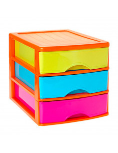 Tradineur - Cajonera de sobremesa de plástico, estructura naranja, 3 cajones multicolor 26 x 27 x 35,5 cm. Torre de almacenaje y