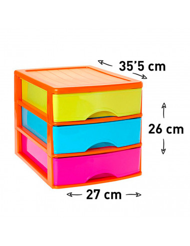 Tradineur - Cajonera de sobremesa de plástico, estructura naranja, 3 cajones multicolor 26 x 27 x 35,5 cm. Torre de almacenaje y