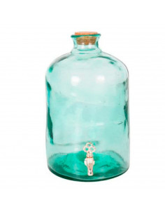 Tarro dispensador de vidrio con grifo 5 litros. Botella, bote, frasco redondo, garrafa con tapón de corcho 30 x 18,5 cm