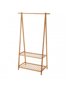Perchero zapatero de bambú 2 baldas y colgador 90 x 42,5 x153 cm, soporte de madera para prendas ropa, zapatos, bolsos, entrada,