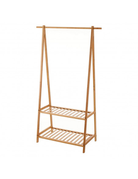 Perchero zapatero de bambú 2 baldas y colgador 90 x 42,5 x153 cm, soporte de madera para prendas ropa, zapatos, bolsos, entrada,