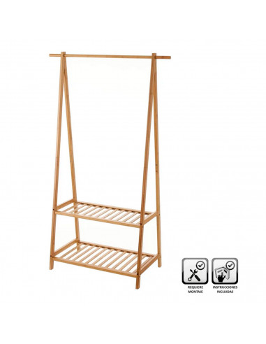 Perchero zapatero de bambú 2 baldas y colgador 90 x 42,5 x153 cm, soporte de madera para prendas ropa, zapatos, bolsos, entrada,
