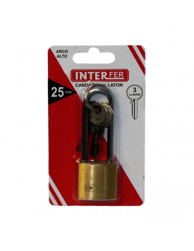 Interfer - Candado de latón, arco alto endurecido de acero, 25 mm, con 3 llaves para equipaje, taquillas de gimnasio, caja herra