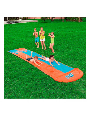 Tradineur - Pista deslizante hinchable doble carril 488 x 138 cm, tobogán de agua, pvc, dos carriles para carreras, con rociador