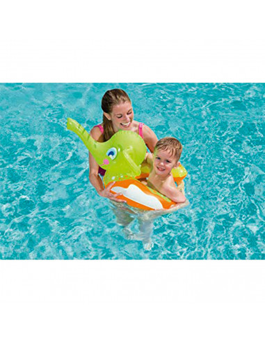 Tradineur - Flotador infantil hinchable elefante con pulverizador en la trompa 69 x 61 cm, anillo, asiento natación niños con bo