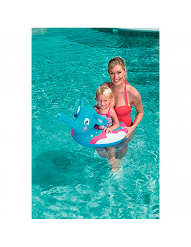 Tradineur - Flotador infantil hinchable elefante con pulverizador en la trompa 69 x 61 cm, anillo, asiento natación niños con bo
