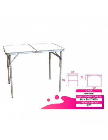 Mesa plegable de aluminio con altura ajustable 90 x 60 x 39/70 cm, mesa portátil multiusos, camping, jardín, picnic, playa, colo